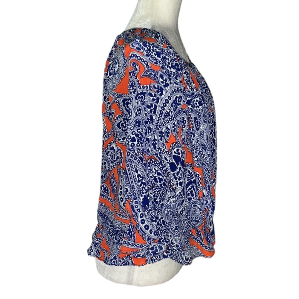 Trina Turk Silk Navy Blue & Orange Paisley Printed Cutout Ruffle Blouse - S - Picture 5 of 11